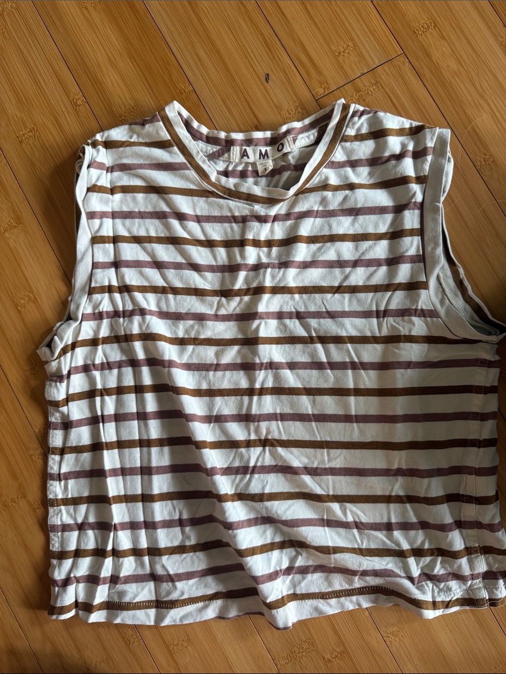 AMO White Tank Top with Brown and Mauve Stripes